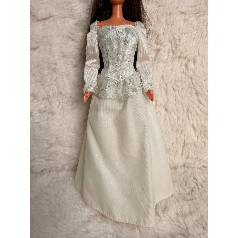 1990's Genuine Barbie White Silver Lace Wedding Dress Peplum Long Sleeve Vintage